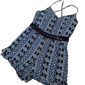 Blue and White Patterned Hollister Tank Romper With Crochet Waist Size M